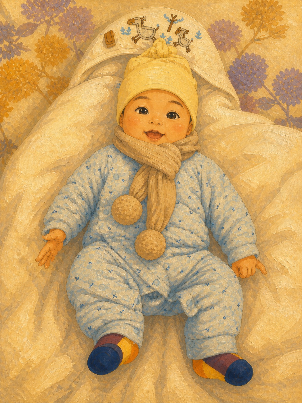 Little Ares smiling on a soft cushion in a pale-blue snowsuit, hat, and scarf