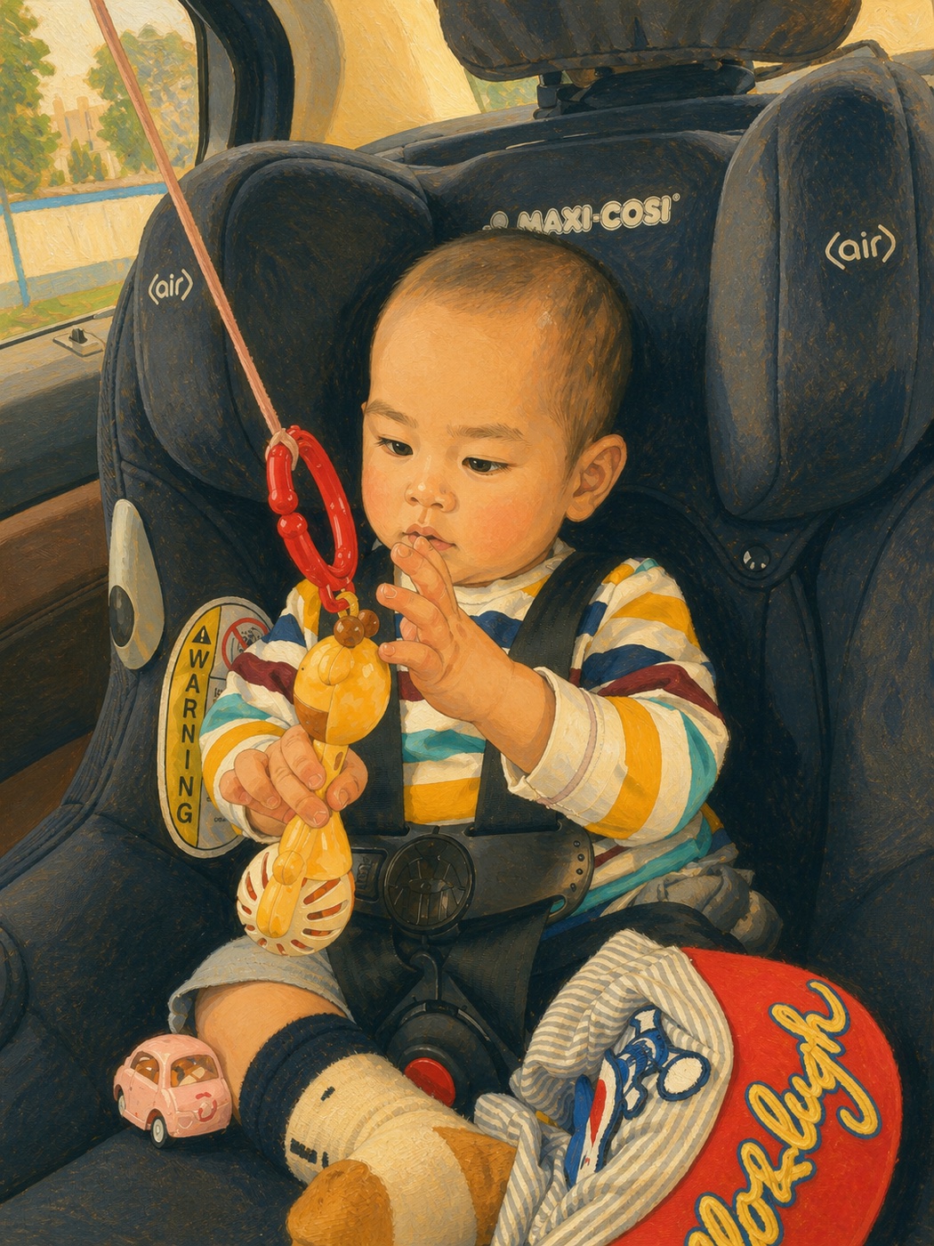 Little Ares concentrating on a hanging toy while seated safely in a child car seat