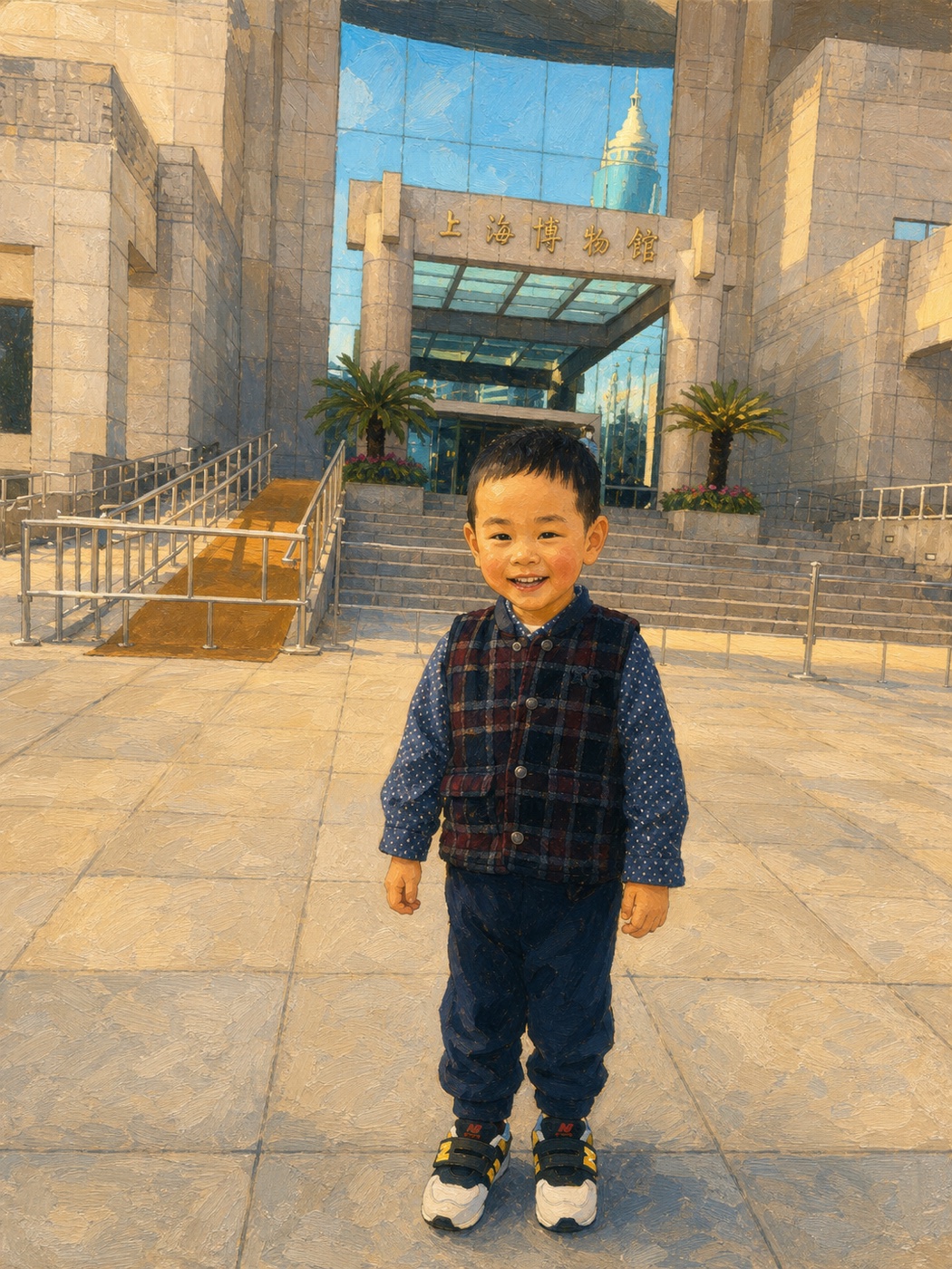Little Ares smiling happily in front of the Shanghai Museum