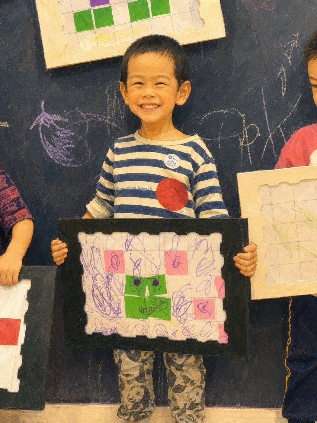 Little Ares smiling and holding his own framed artwork at a children’s display
