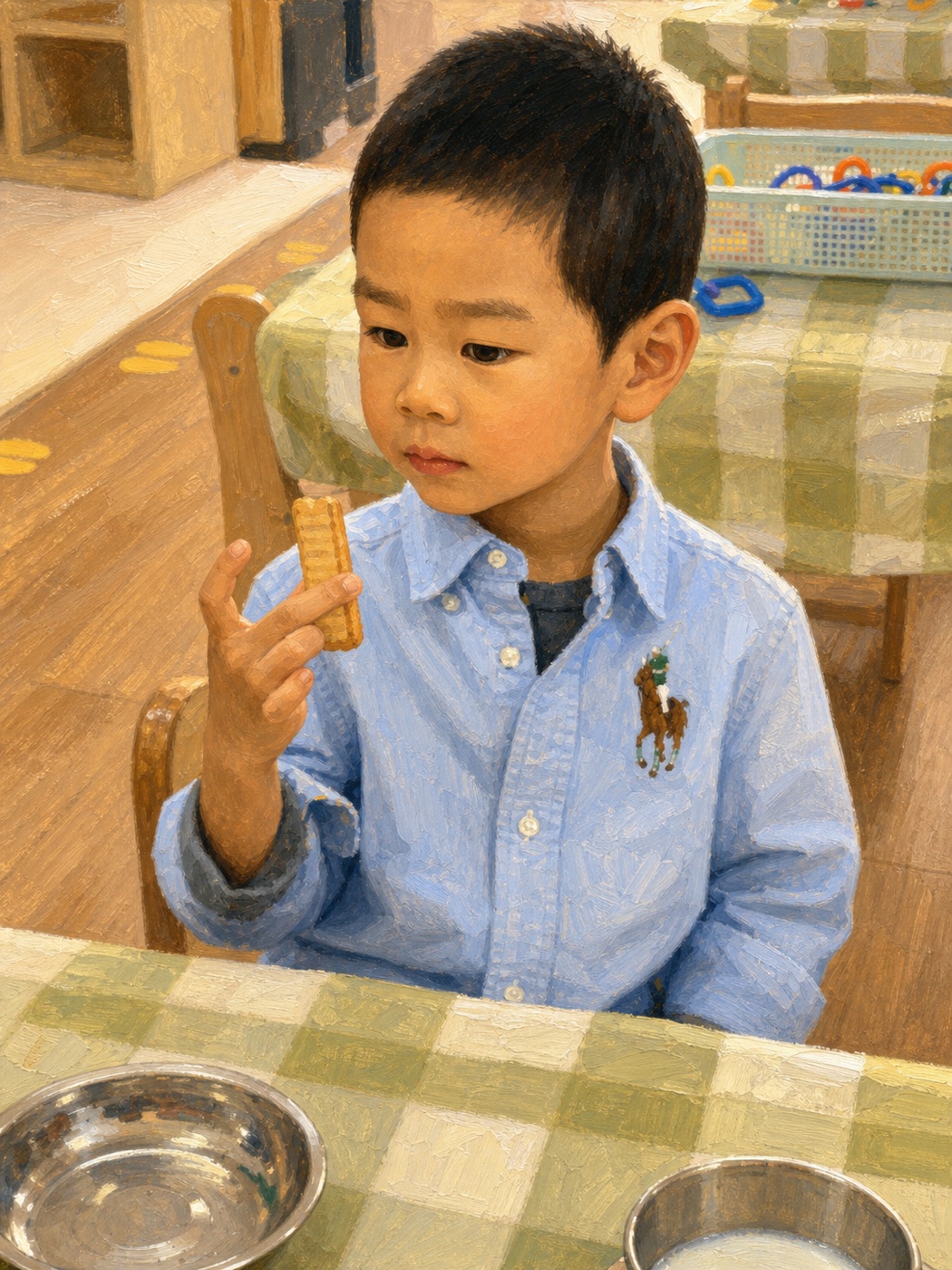 Little Ares sitting at the table and carefully inspecting a snack in his hand