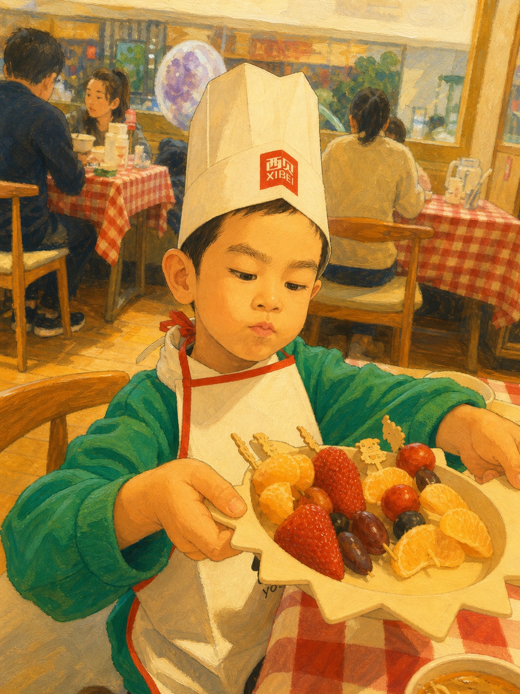 Little Ares in a chef’s hat and apron carefully arranging strawberries, tangerines, and grapes