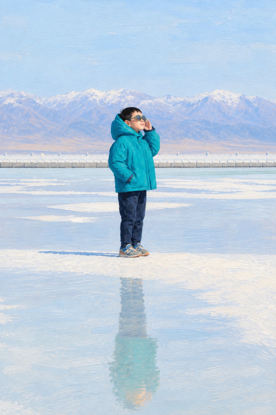 Little Ares in a turquoise coat and sunglasses standing on ice before snowy mountains