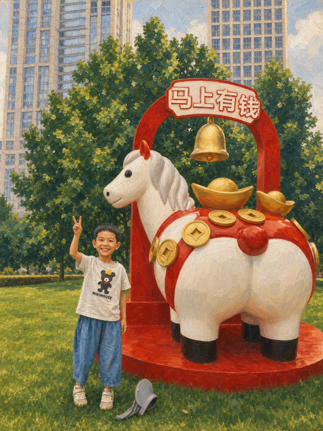 Little Ares smiling with a victory sign beside a festive white horse sculpture
