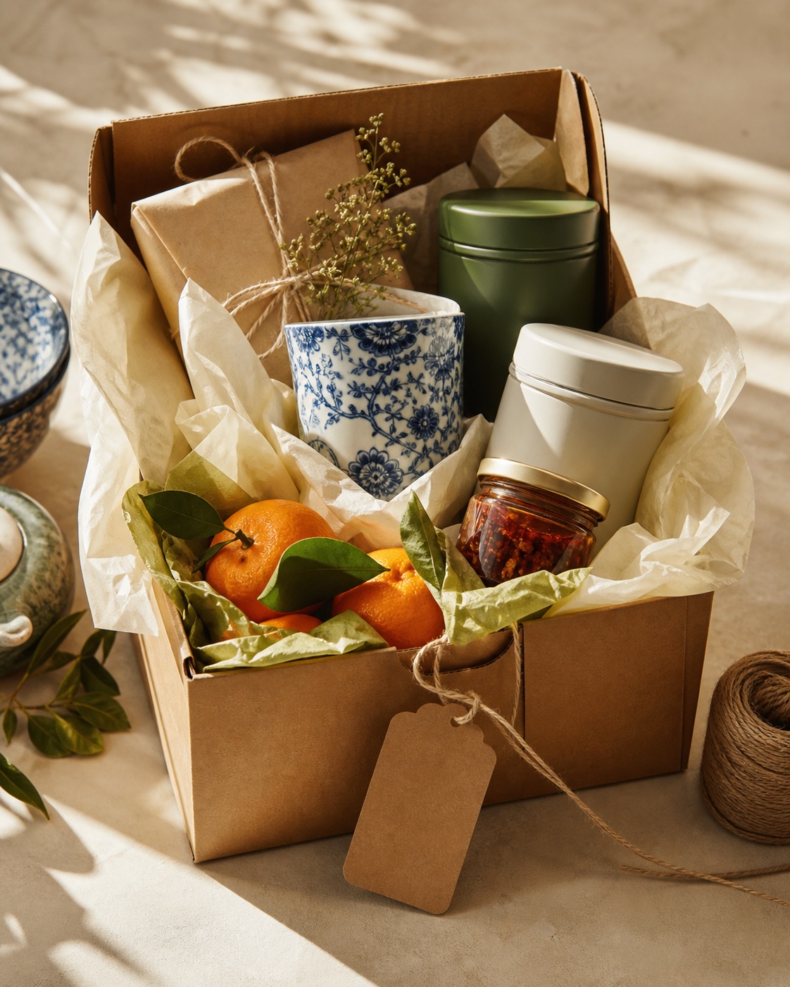 Gift parcel filled with tea tins, porcelain, tangerines and chili crisp