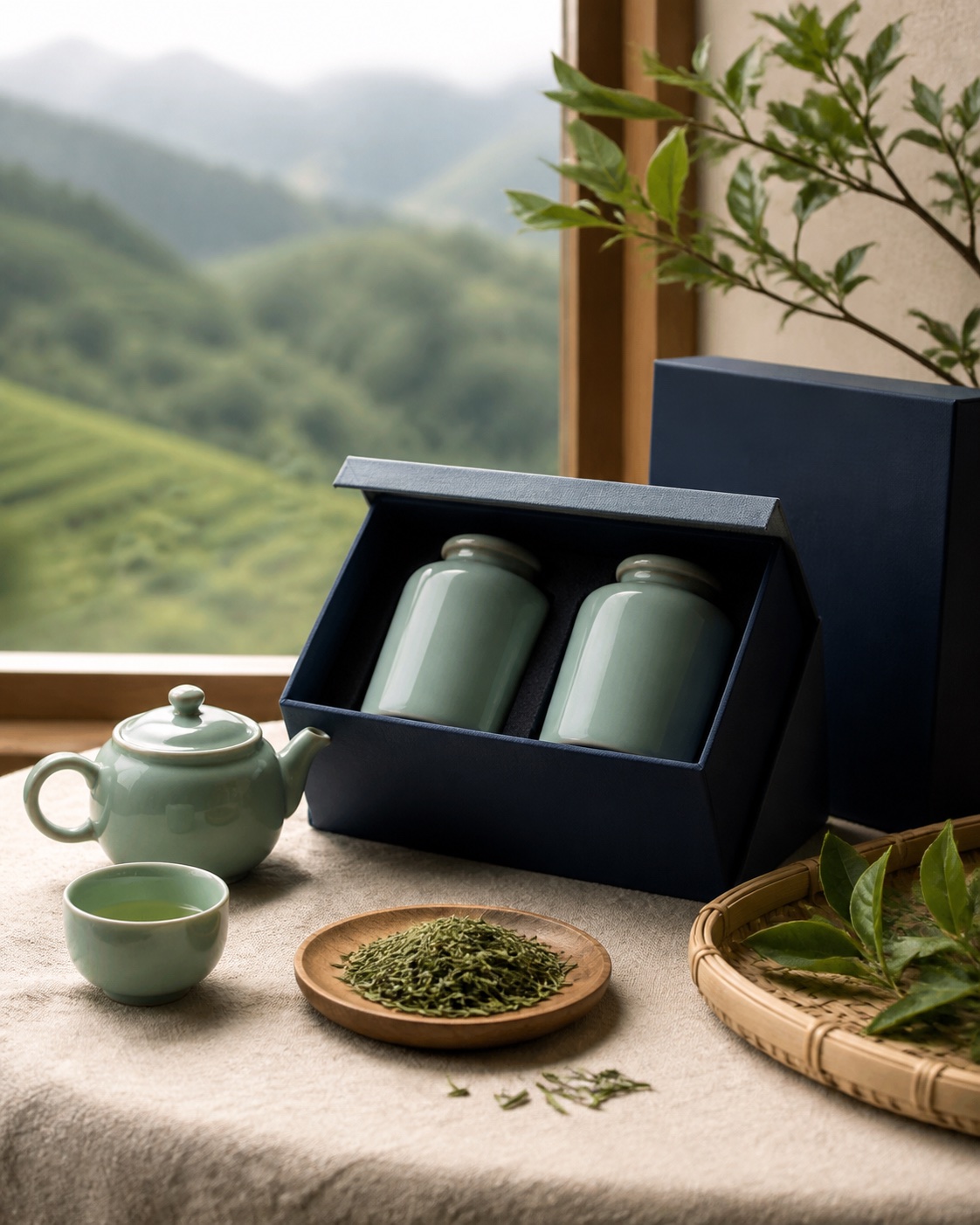 Green tea, celadon teaware and tea leaves beside misty hills